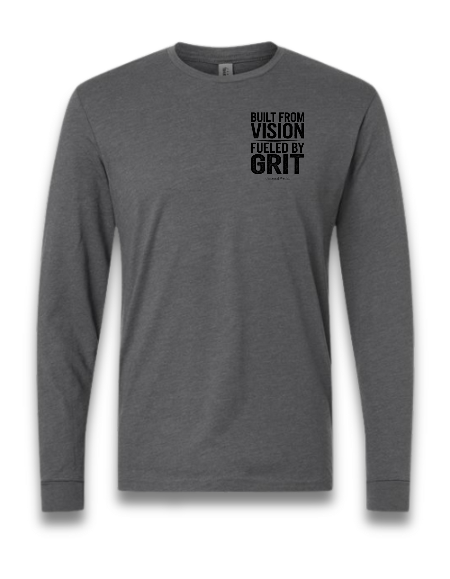BUILT FROM VISION, FUELED BY GRIT (LONG SLEEVE) (Heather heavy metal grey)