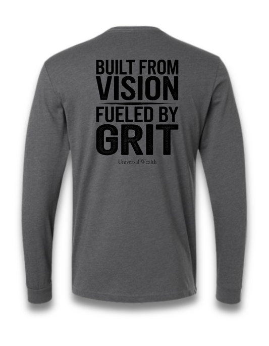 BUILT FROM VISION, FUELED BY GRIT (LONG SLEEVE) (Heather heavy metal grey)